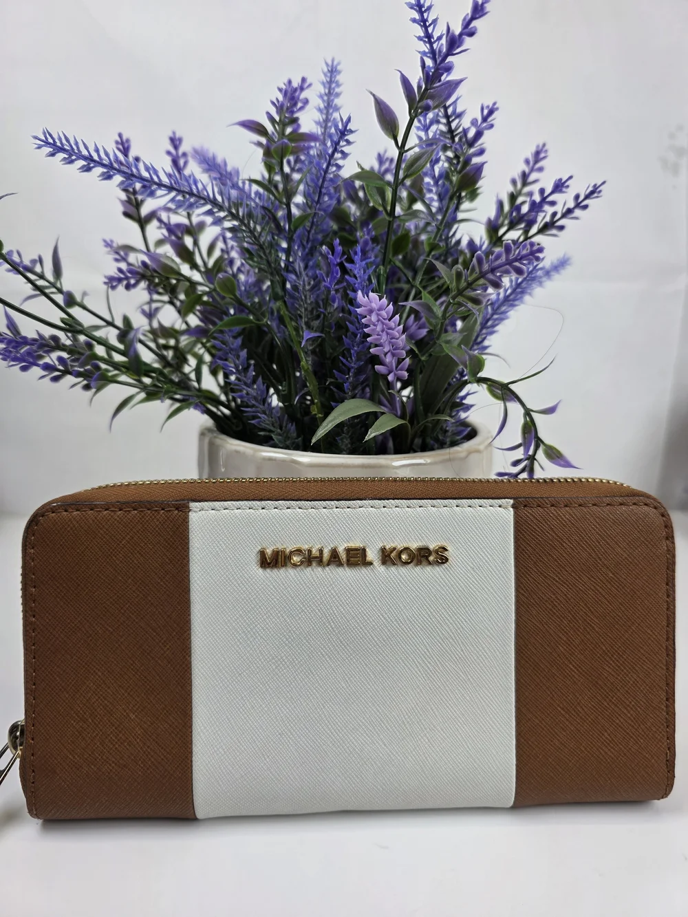 Michael Kors Brown and White Zip Wallet